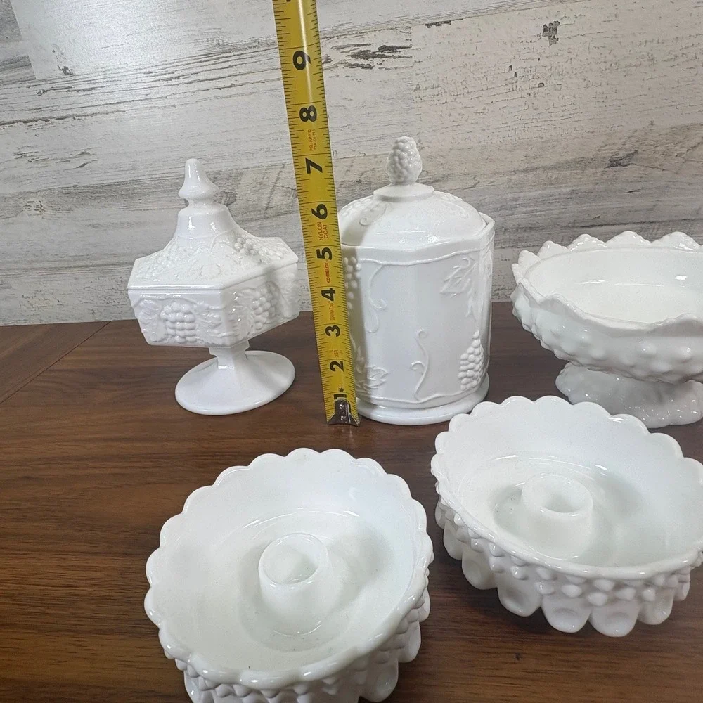 Vintage Fenton Hobnail Milk Glass Candy Dish, Two Candle Holders, Canister Lot 5